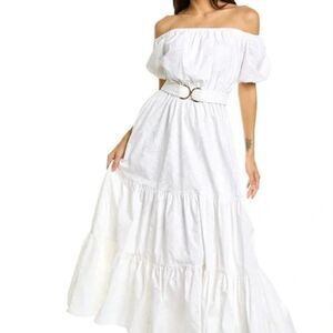 Nessa Off Shoulder Maxi Dress‎ Resort White Jungle Cabana $348 Retail